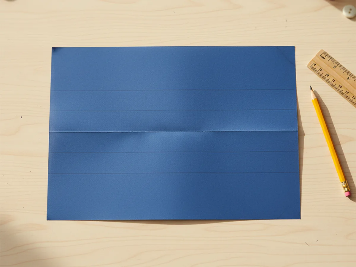 A folded sheet of dark blue construction paper with evenly spaced pencil lines drawn from the fold for the paper weave craft loom base on a craft table