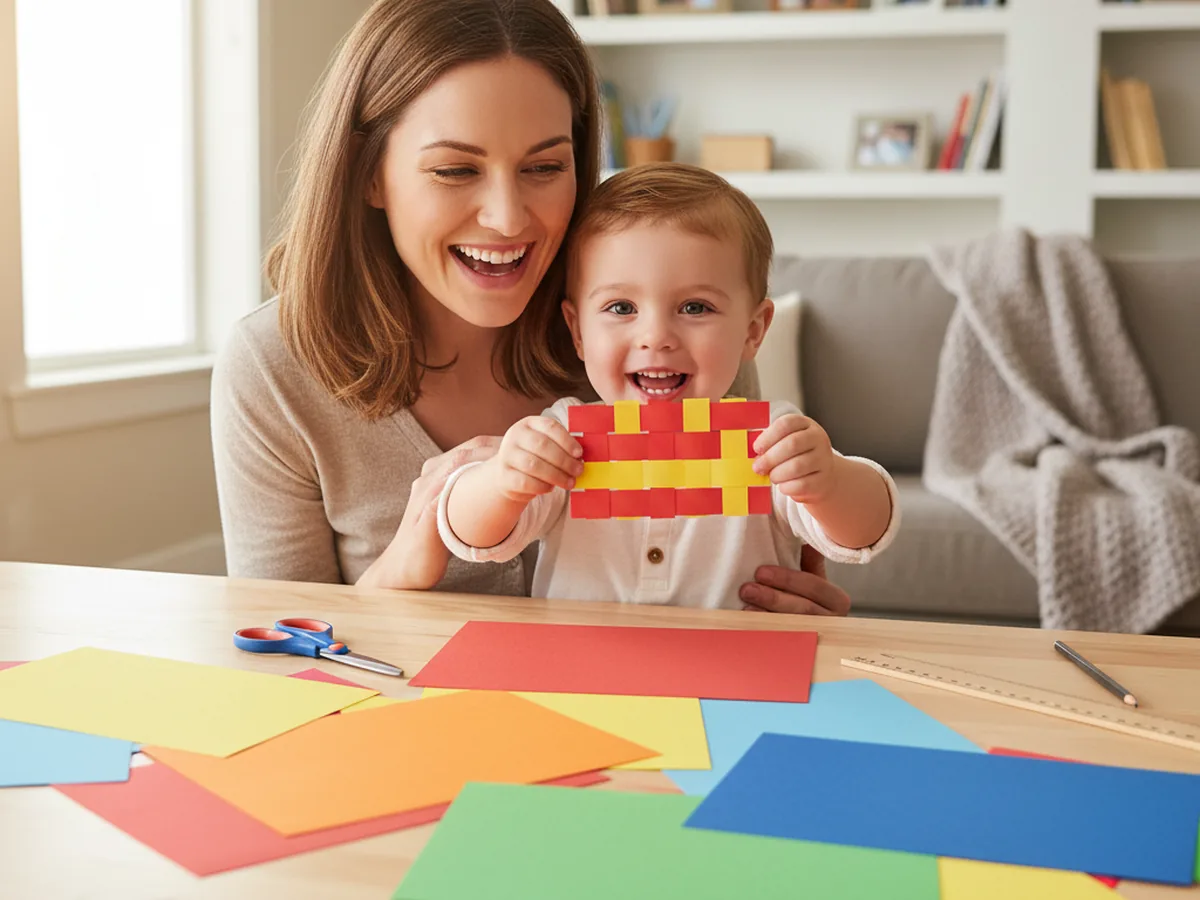 A mom and young child sitting at a craft table with rainbow construction paper, scissors, and a ruler getting ready to make a paper weave craft together