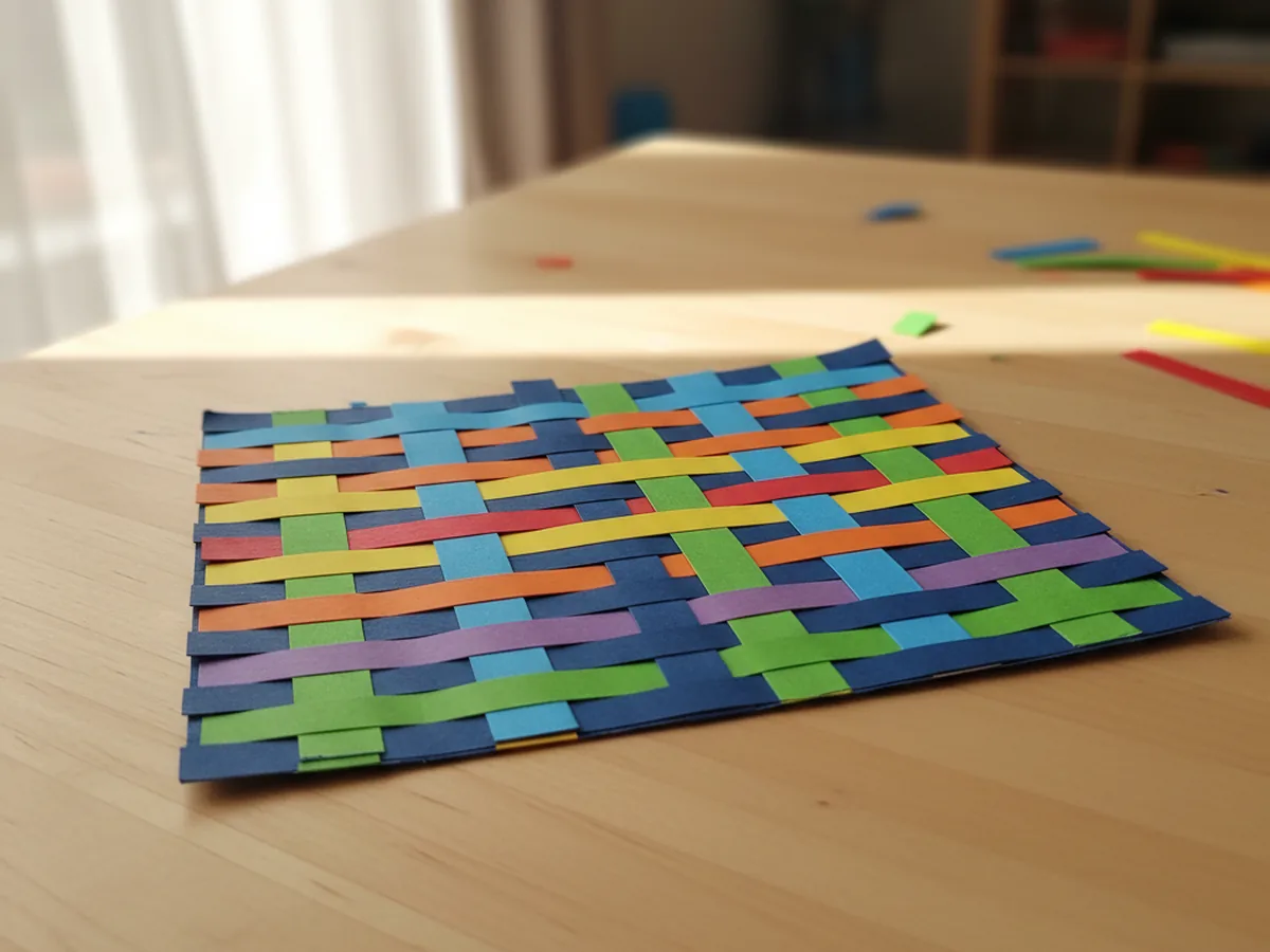 Finished paper weave craft mat with rainbow construction paper strips woven in an over and under pattern on a white craft table