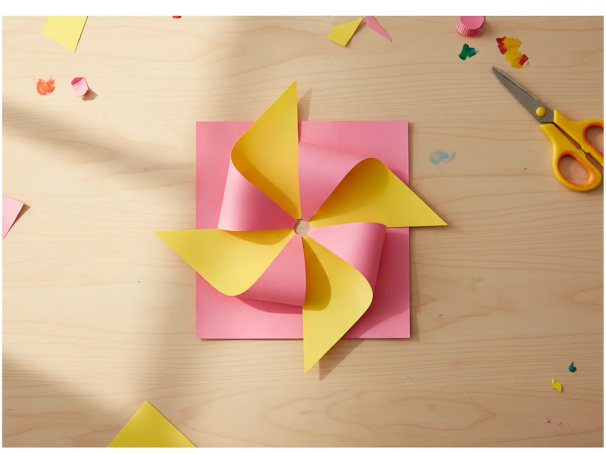 The pink paper square with every other corner of the four triangular flaps folded toward the center so the four pointed tips overlap in the middle forming a classic four-bladed windmill shape with the yellow back side now showing on the folded flaps