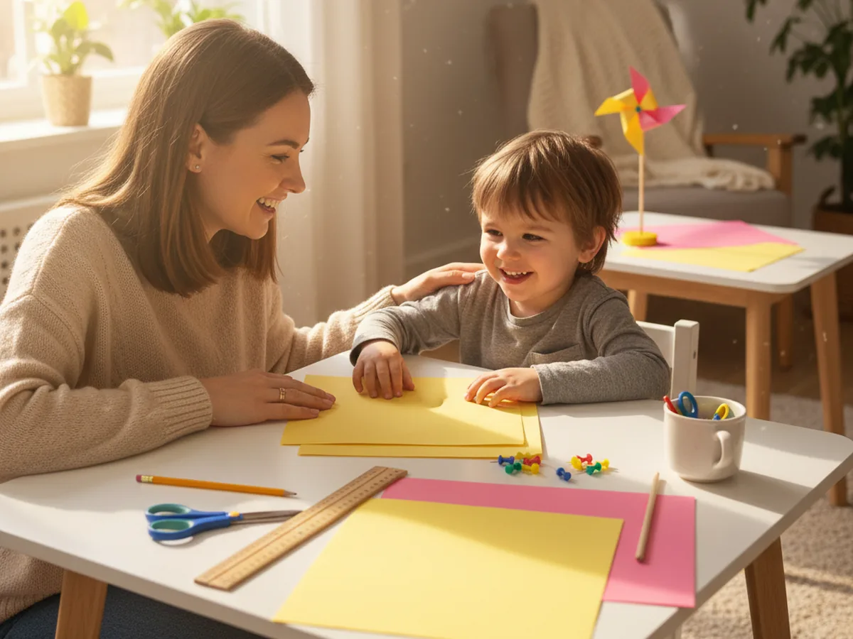 A mom and her young child sitting together at a craft table with sheets of bright pink and yellow construction paper, kid scissors, a wooden ruler, a pencil, push pins, and a small wooden dowel, smiling and getting ready to start a paper windmill craft together