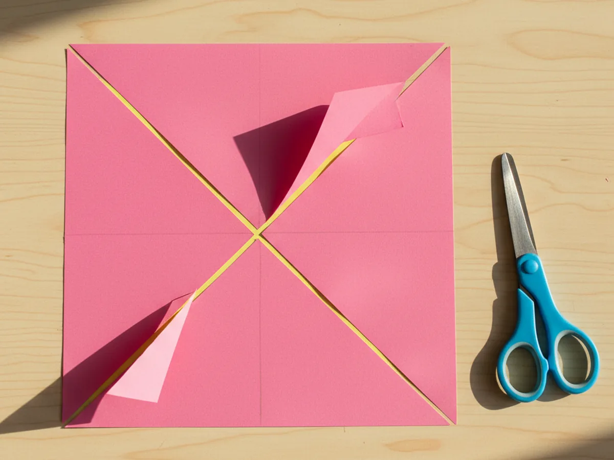 The bright pink paper square with four diagonal cuts made along the pencil lines from each outer corner inward, stopping about an inch before the center so the square stays connected, lying on a white craft table