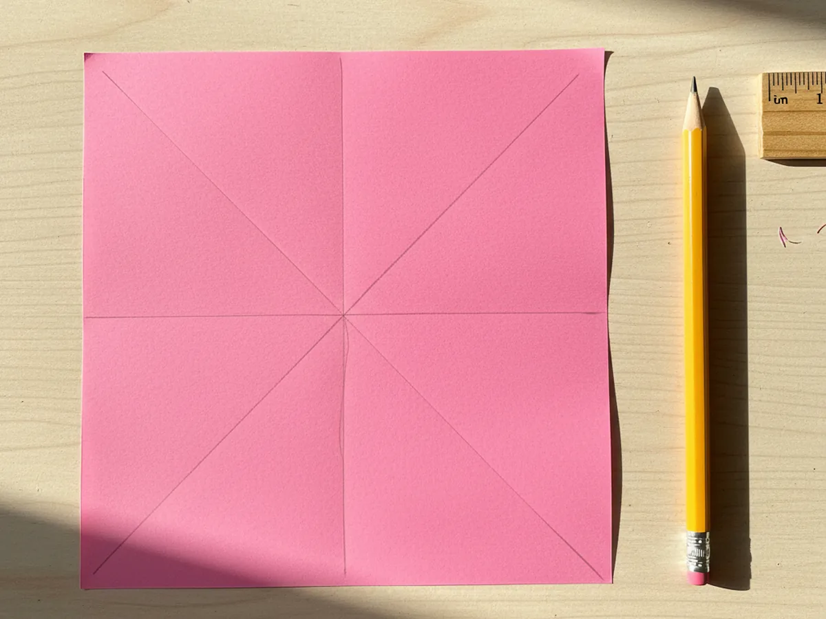 The bright pink paper square now showing two faint pencil diagonal lines drawn from corner to corner forming an X shape across the middle, with a wooden ruler and pencil resting next to it on a craft table