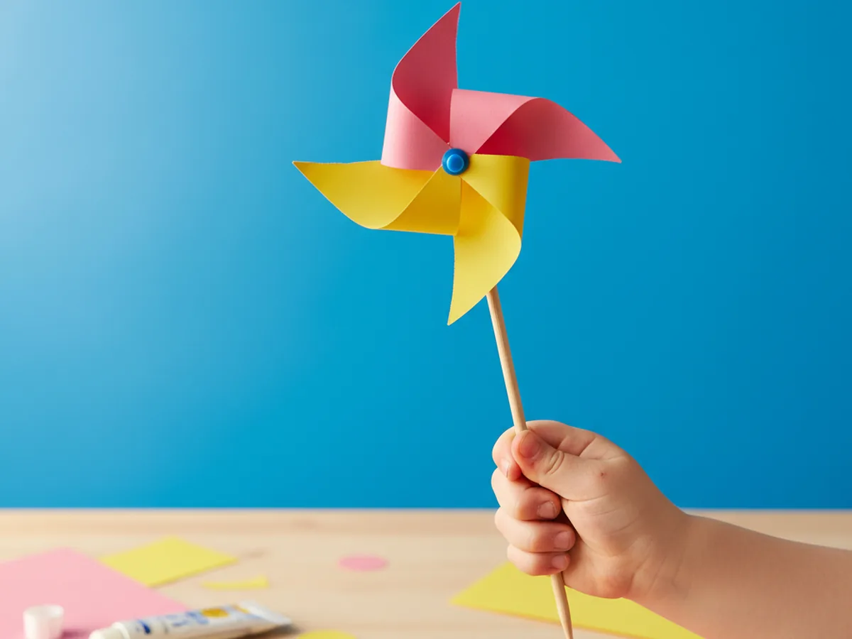 The finished paper windmill craft with four bright pink and yellow construction paper blades pinned to the top of a thin wooden dowel, held up by a small child's hand against a bright blue sunny sky, blades caught mid-spin in the breeze