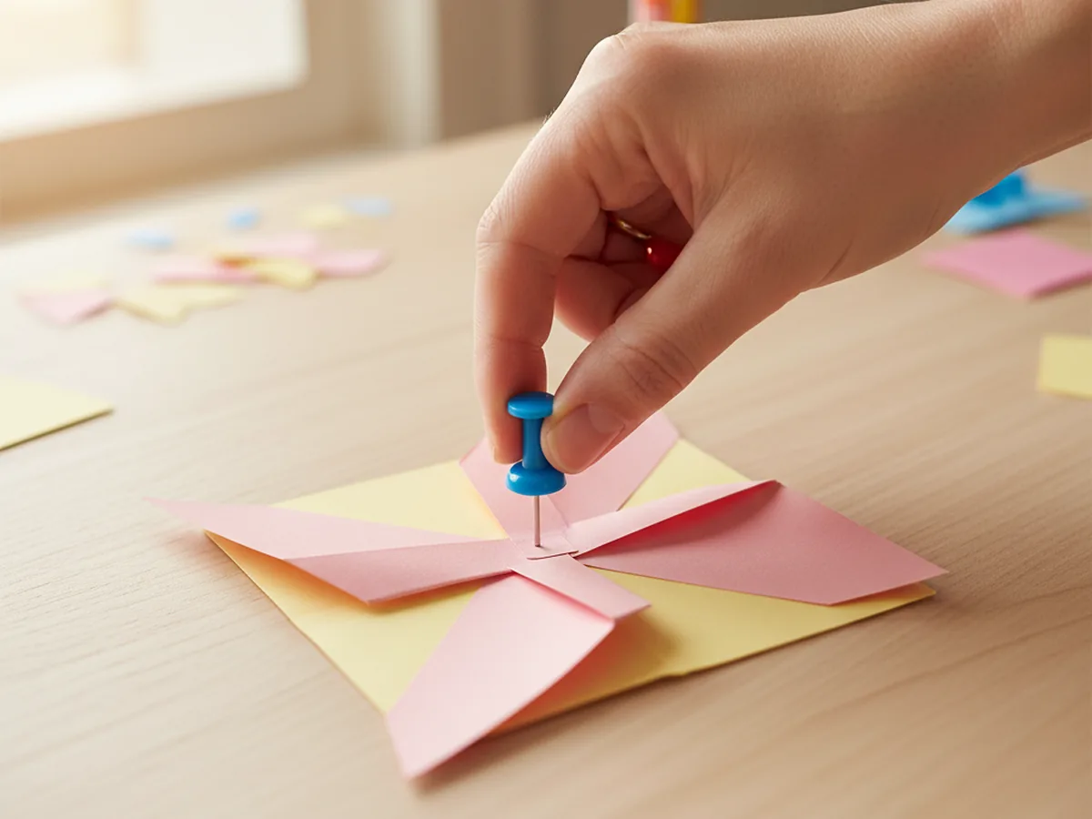 A mom's hand carefully pressing a bright blue push pin through the four overlapping folded paper tips at the center of the pink and yellow windmill, with the sharp point of the pin showing through the back of the square