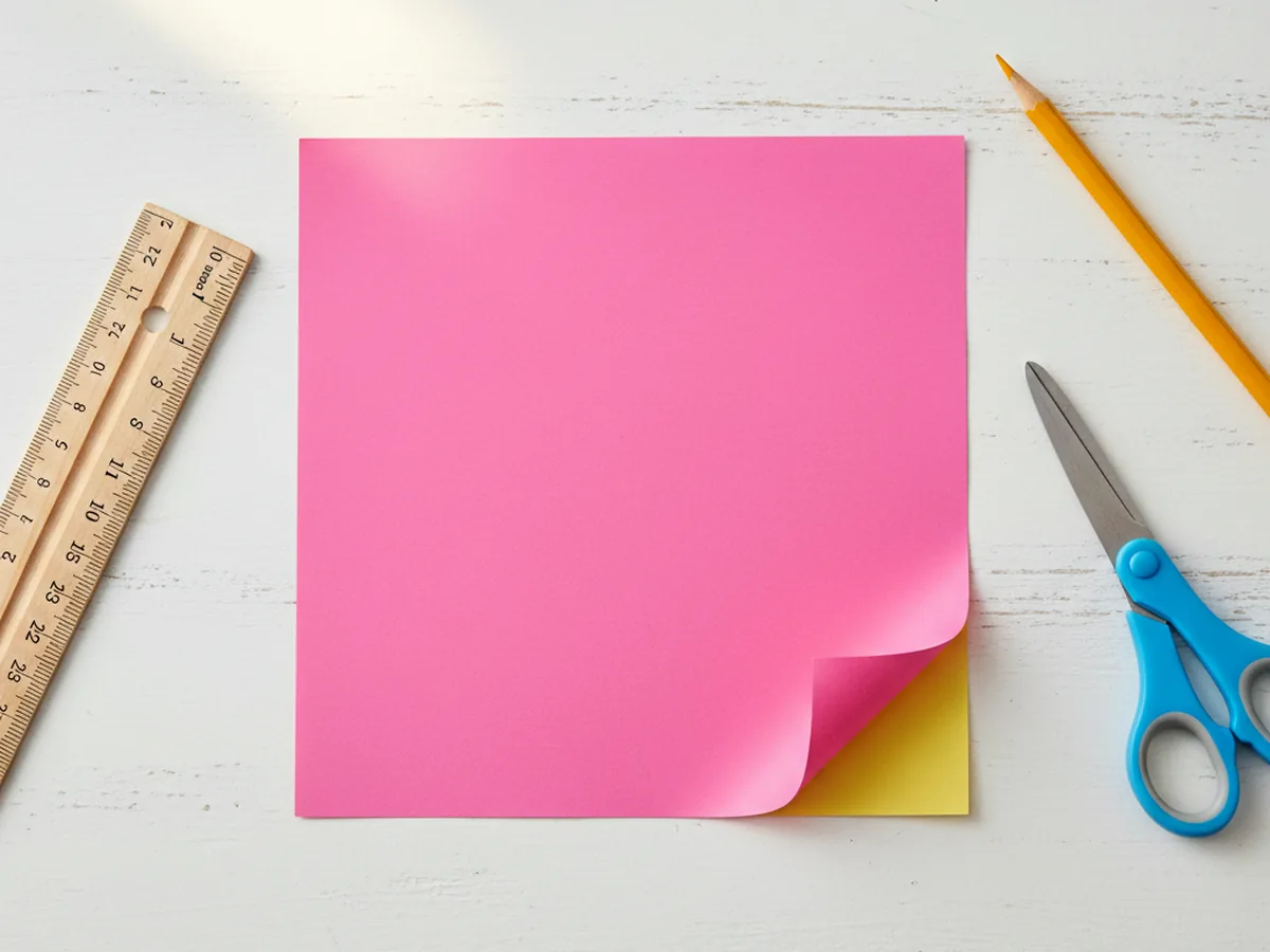 A perfectly cut six inch square of bright pink construction paper with a yellow back side lying flat on a white craft table next to a wooden ruler, a pencil, and a pair of kid scissors