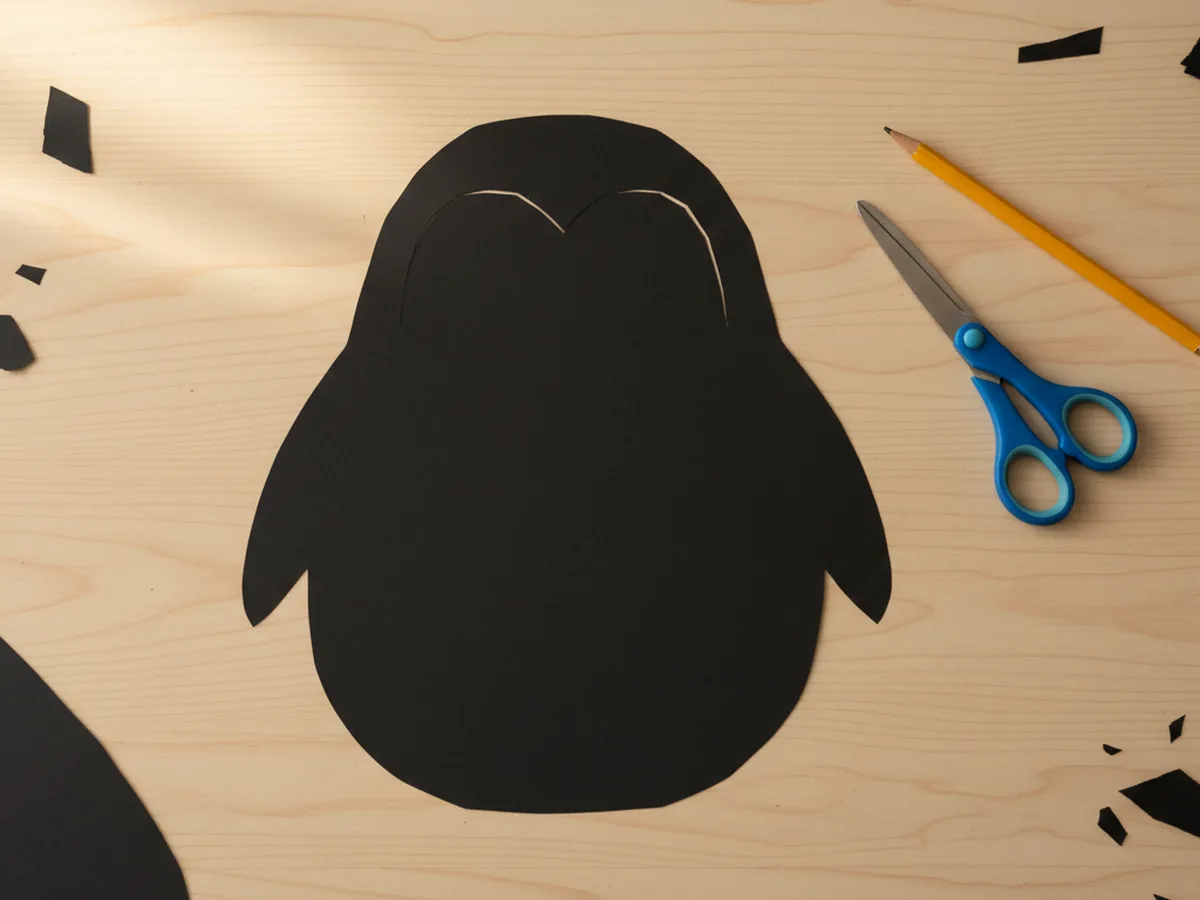 A chubby tall black paper oval cut out as the penguin body, lying on a craft table next to scissors and a pencil