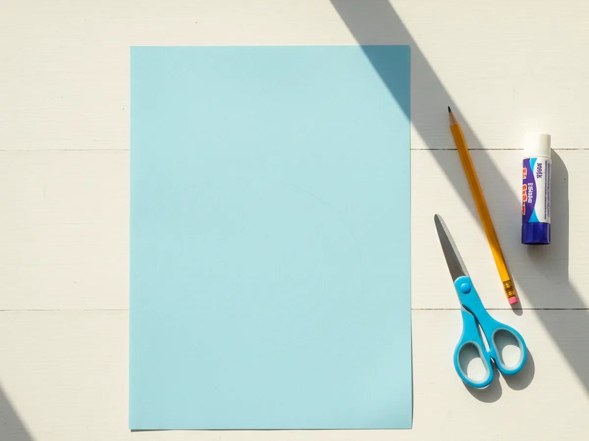 A sheet of light blue construction paper laid flat on a white craft table, ready to serve as the snowy background for the penguin paper craft