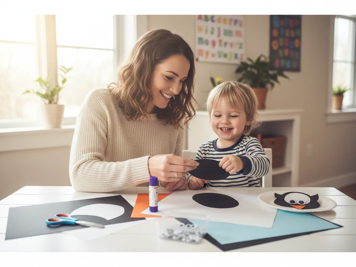 A mom and young child sitting together at a craft table with black, white, orange, and light blue construction paper, scissors, and googly eyes, starting a penguin paper craft