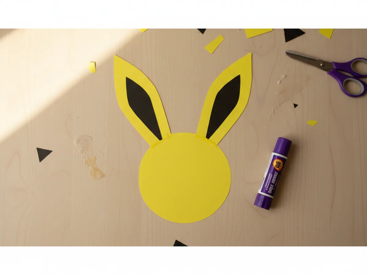 The yellow Pikachu paper head flipped right side up with the two long pointed ears with black tips glued behind it and standing tall above the round face on a craft table