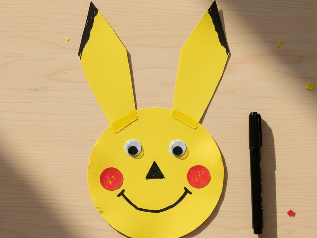 The Pikachu pokemon paper craft now with two googly eyes stuck onto the yellow face above the red cheeks, a small drawn black nose, and a wide smiling mouth, looking cheerful on a craft table