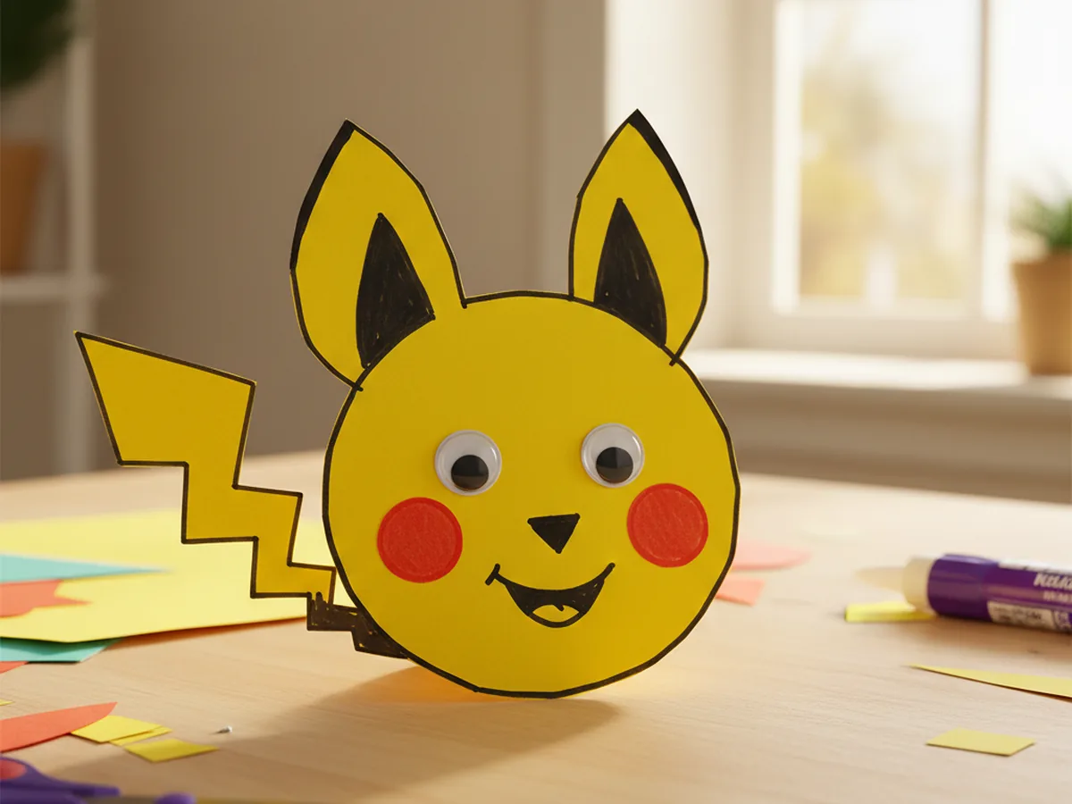 The finished Pikachu pokemon craft paper displayed on a craft table, complete with yellow round head, long pointed ears with black tips, red cheek circles, googly eyes, smile, and a yellow lightning bolt tail