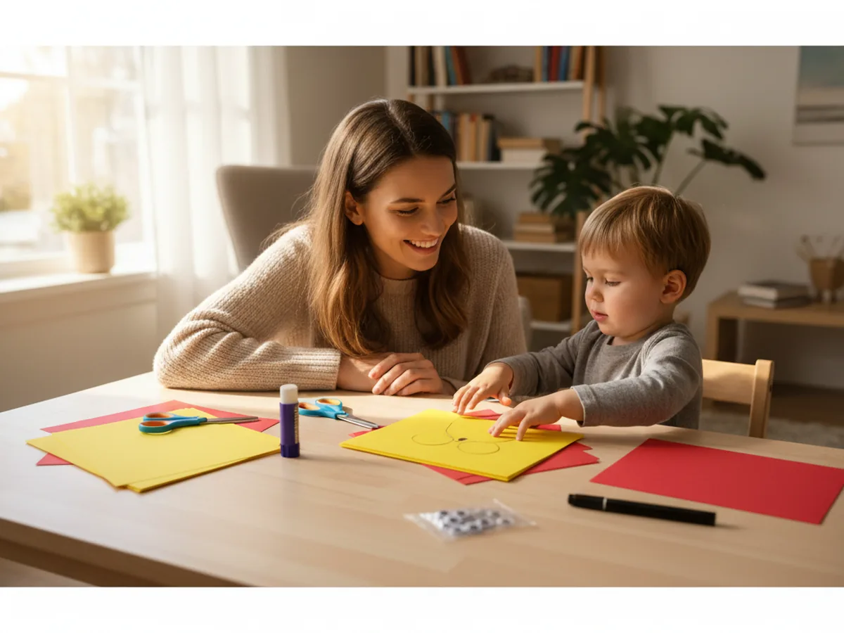 A mom and a young child sitting at a craft table with bright yellow construction paper, scissors, googly eyes, a glue stick, and red paper getting ready to make a pokemon paper craft Pikachu together