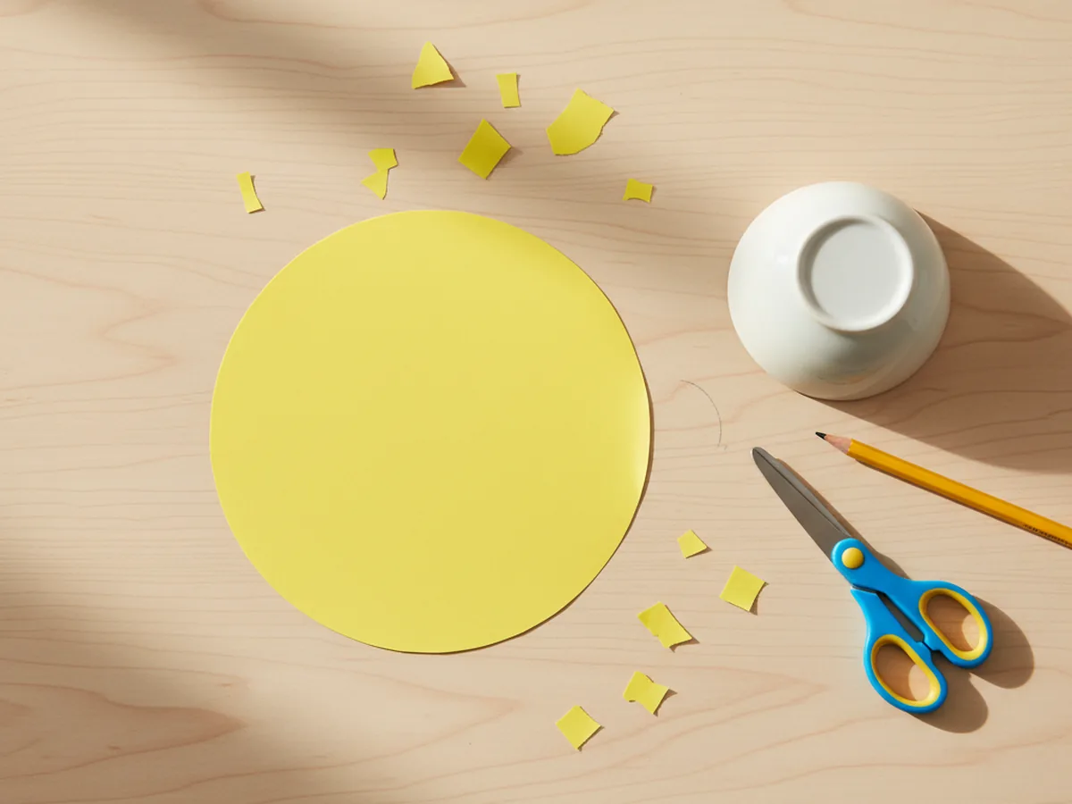 A large bright yellow construction paper circle freshly cut out for the Pikachu pokemon paper craft head, sitting on a white craft table next to scissors and a small bowl used for tracing