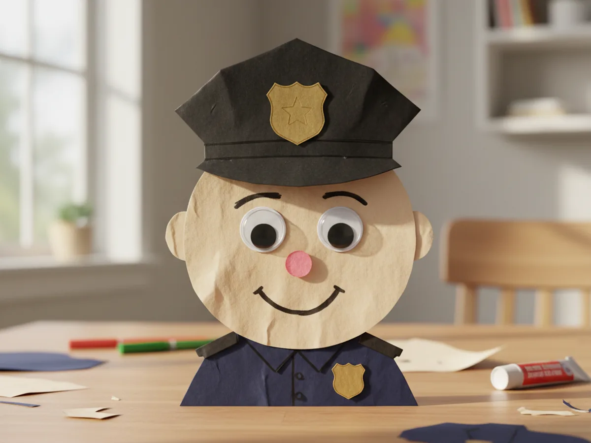 A skin-tone paper face with two googly eyes, a small pink nose dot, a marker-drawn friendly smile, and small eyebrows being added to a police paper craft officer with a black hat