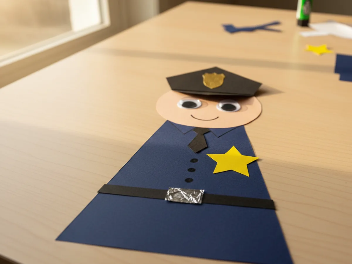 A thin black paper belt with a silver square buckle glued across the waist of a navy blue police paper craft uniform along with small black buttons down the chest and a tie under the head