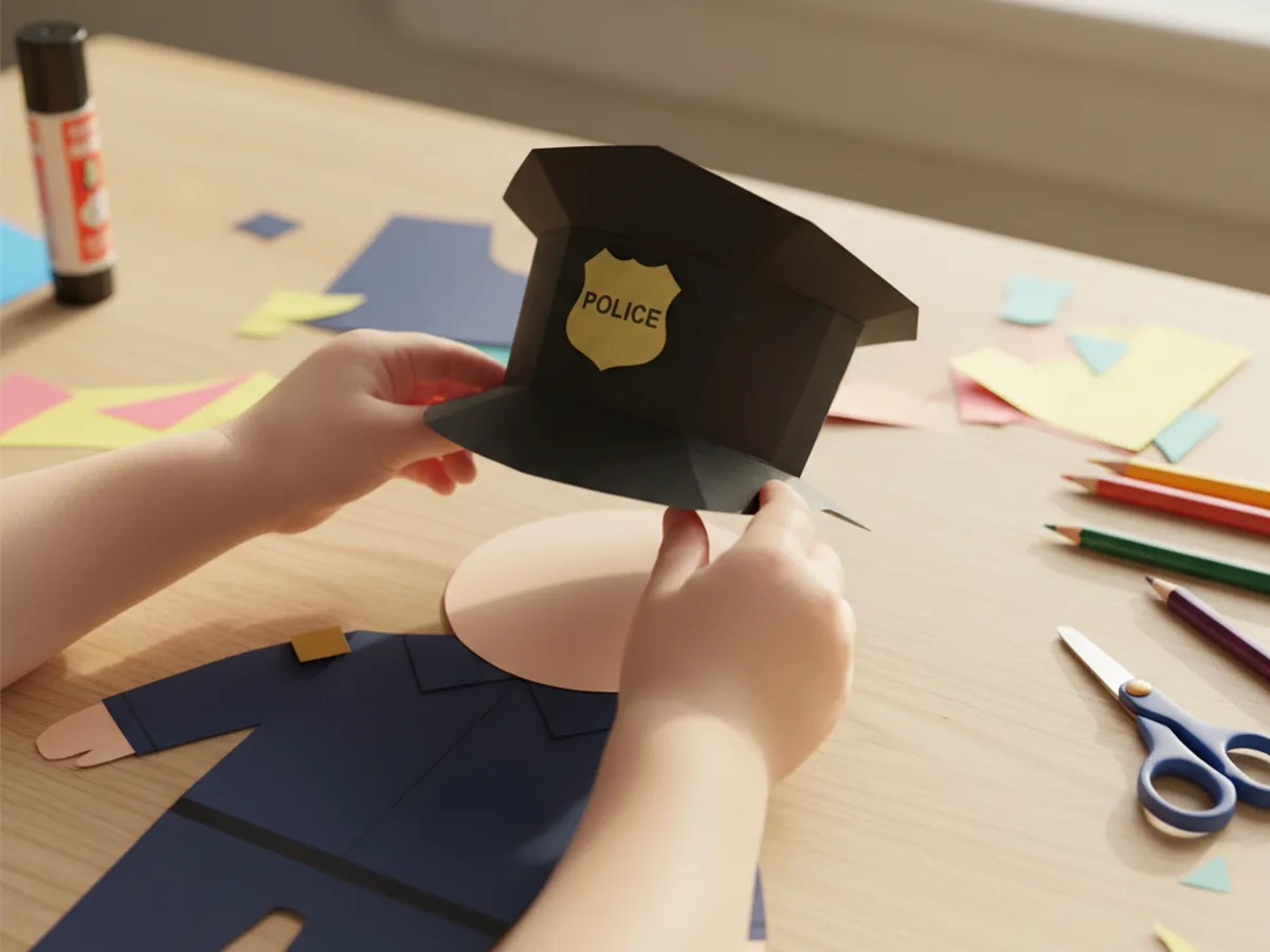 A black paper police hat with a brim and a small gold shield badge glued onto the front being attached to the skin-tone oval head of a police paper craft on a craft table