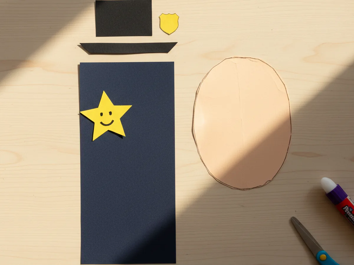 Navy blue cardstock rectangle for a uniform, skin-tone paper oval head, black hat shape with a brim strip, and a yellow paper star laid out on a wooden craft table for a police paper craft