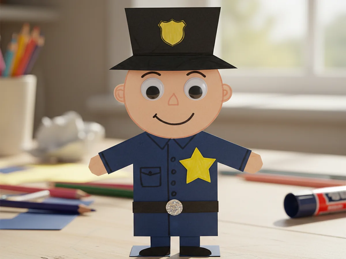 A finished police paper craft figure standing upright on a craft table with a navy blue uniform, black hat with shield, gold star badge on the chest, googly eyes, a friendly smile, and a black belt