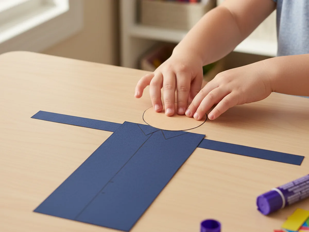 A child's hands gluing a skin-tone paper oval head onto the top of a tall navy blue cardstock uniform rectangle with two small blue arm strips on each side for a police paper craft