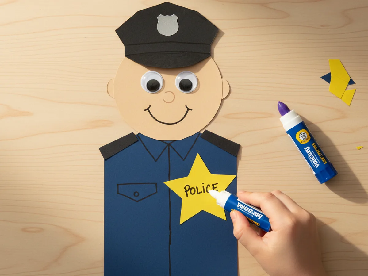 A yellow gold five-point star badge being glued onto the upper chest of a navy blue police paper craft uniform with the word police lightly written across the star