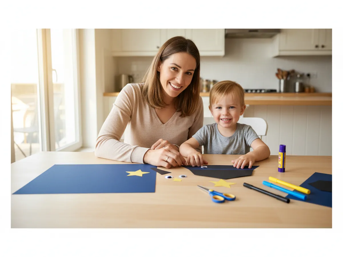 A mom and young child sitting at a craft table, smiling together as they begin a police paper craft with navy blue cardstock, black paper, a gold star, googly eyes, and a glue stick