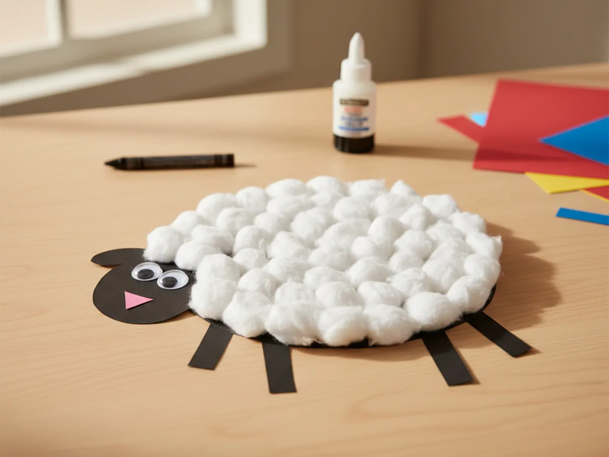 A handmade paper sheep with cotton ball wool and a black paper face with googly eyes