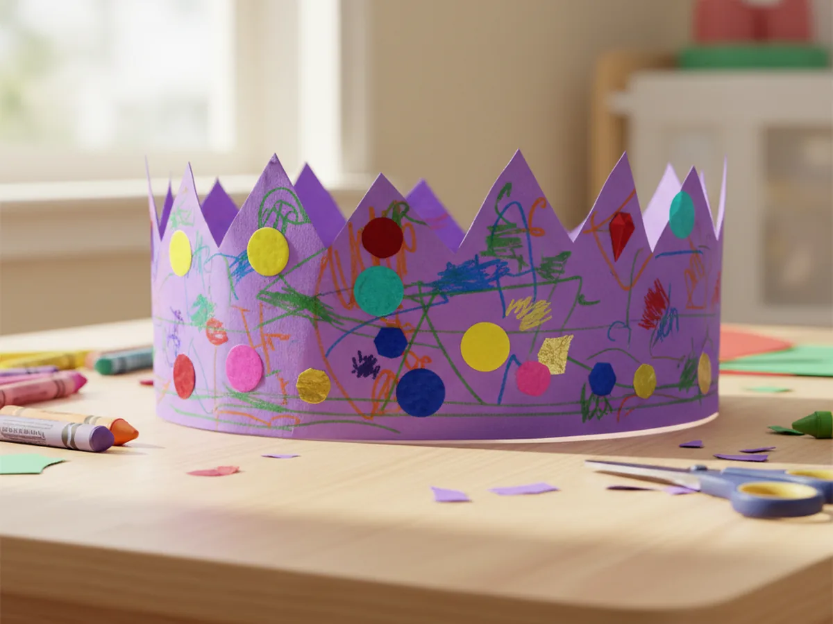 A handmade paper crown decorated with markers and sticker jewels on a child sized craft table