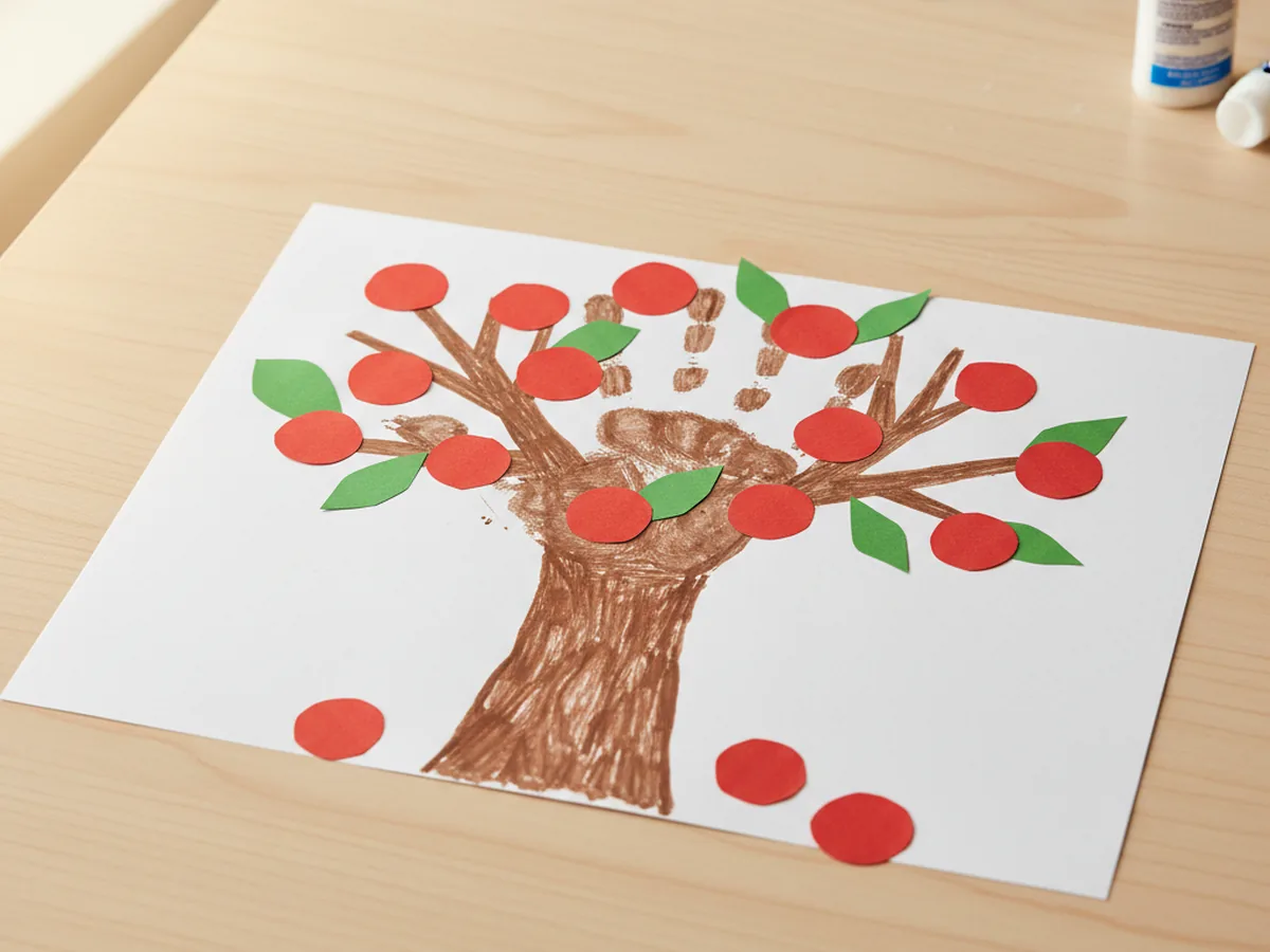 A handprint paper apple tree with brown handprint trunk and red paper apple circles on the branches
