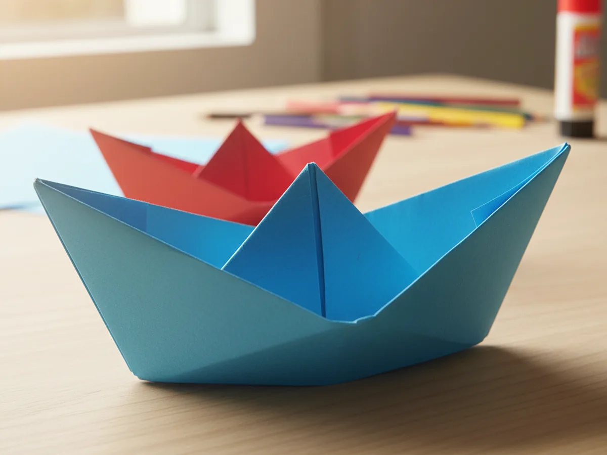 A small handmade paper boat folded from blue construction paper on a wooden surface