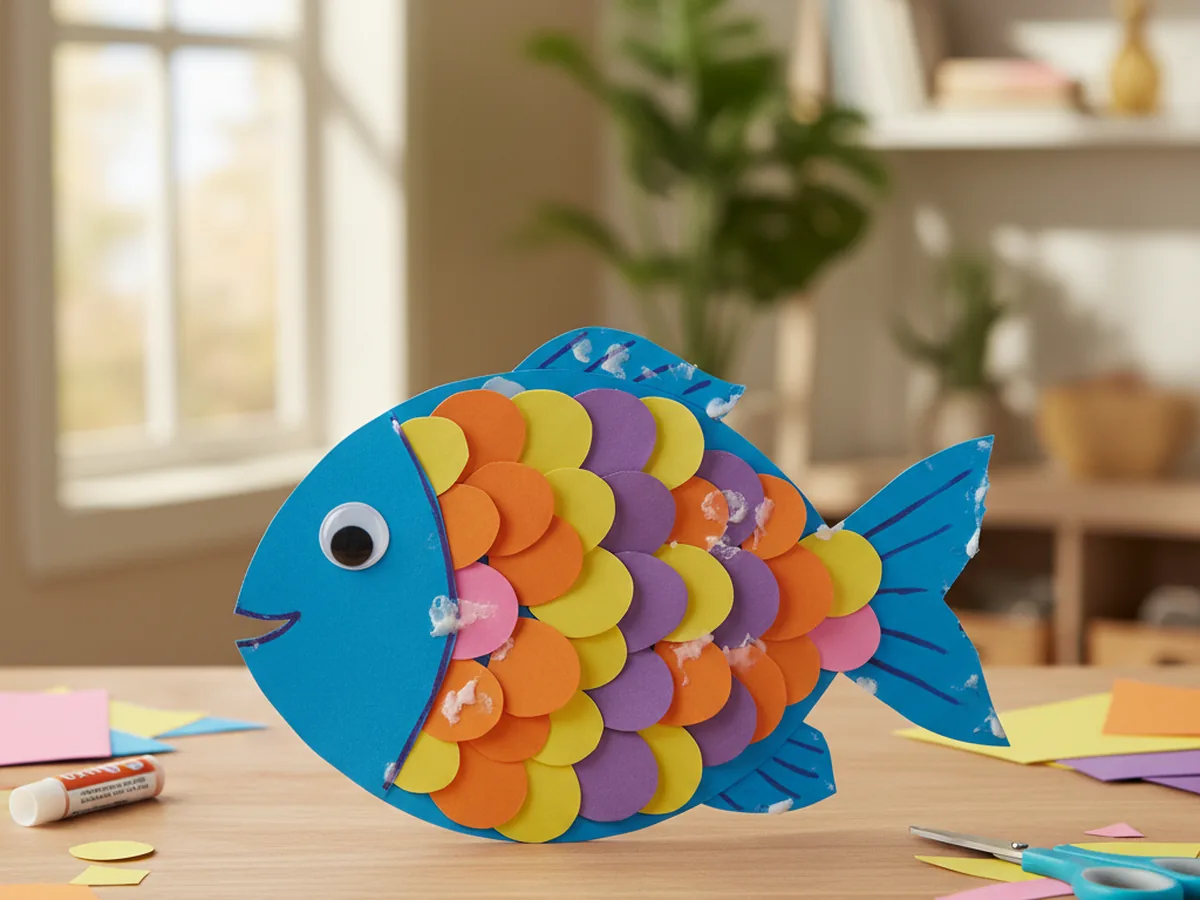 A handmade paper fish with bright overlapping circle scales and a googly eye