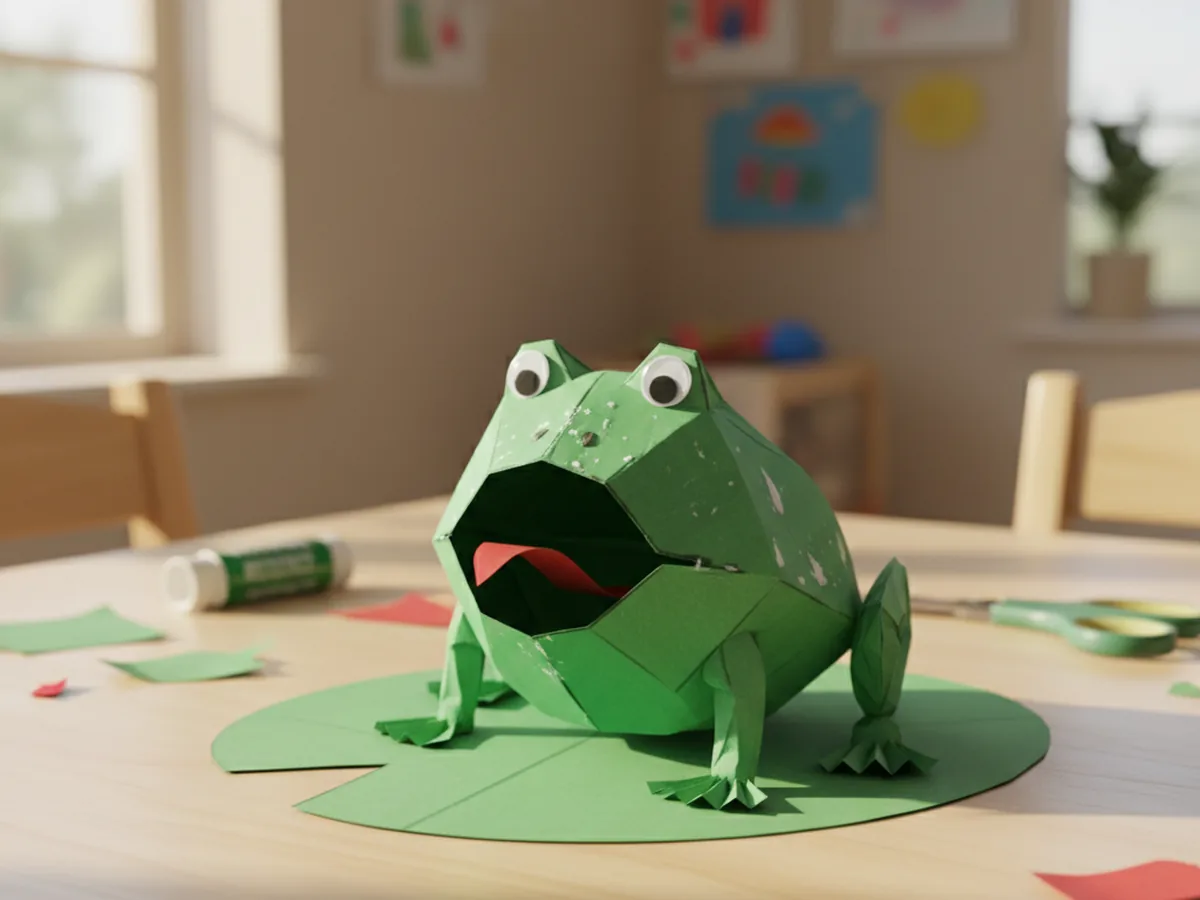 A handmade green paper frog with googly eyes and a red paper tongue on a paper lily pad