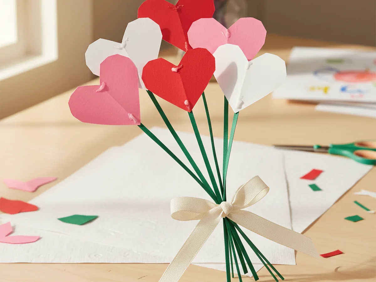 A handmade paper heart bouquet with pink and red hearts on green stems tied with ribbon