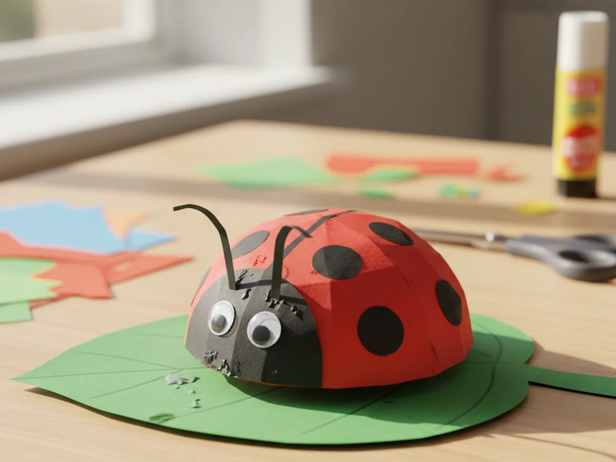 A handmade paper ladybug with red body black dots and googly eyes on a green paper leaf