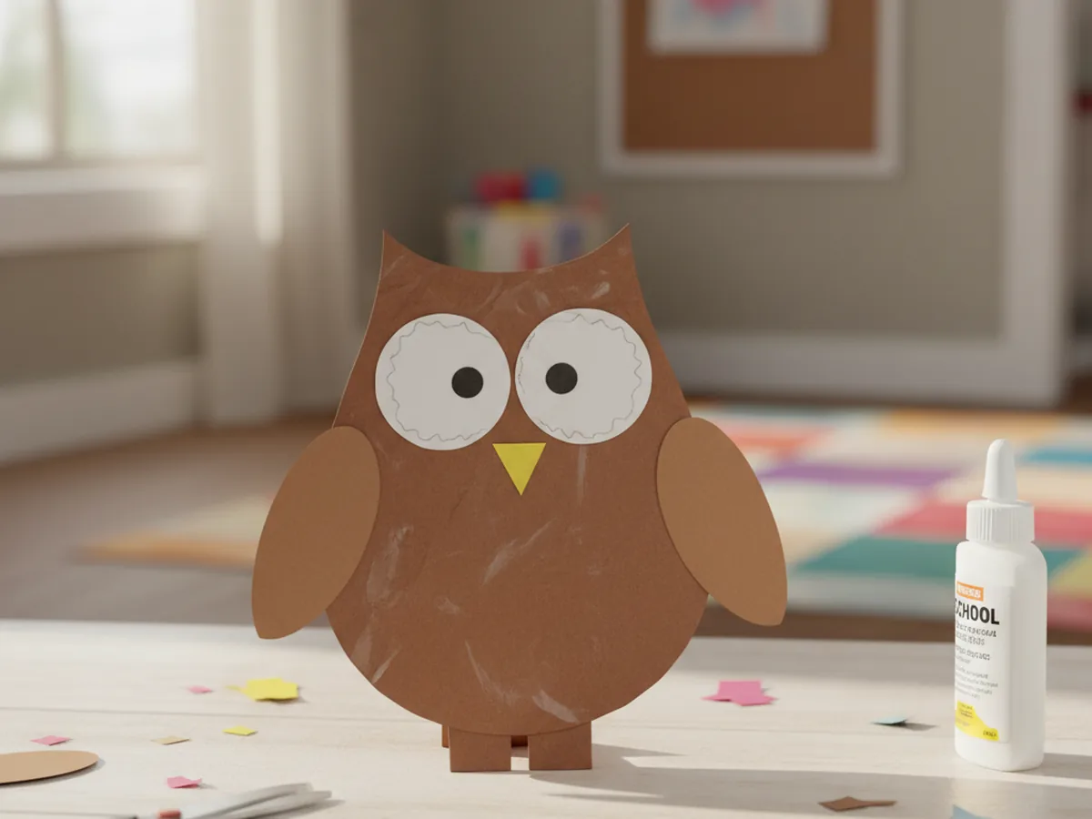 A handmade paper owl with brown body large white eyes and yellow beak standing on a craft table