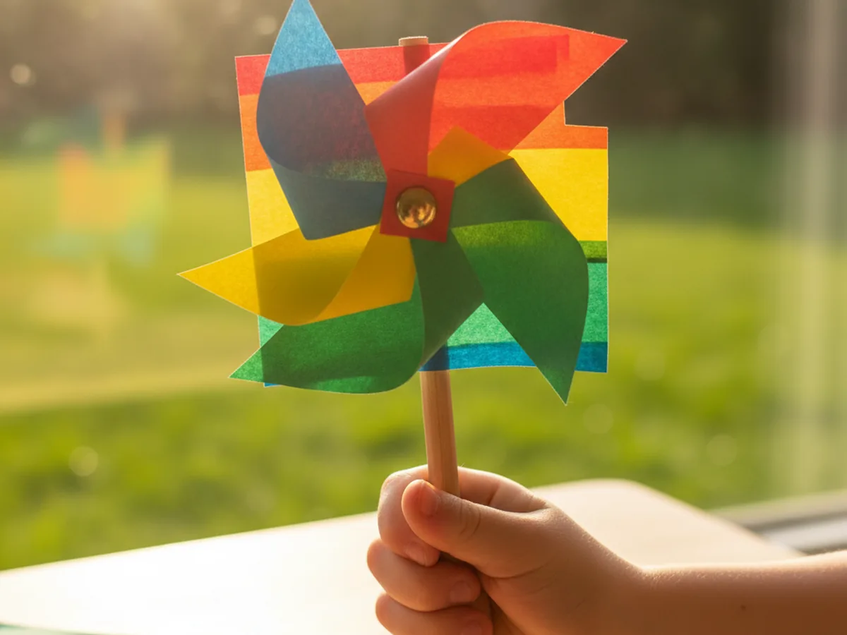A handmade rainbow paper pinwheel attached to a pencil on a bright outdoor backdrop