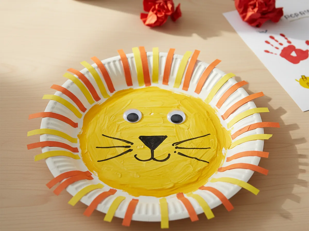 A handmade paper plate lion with orange and yellow paper mane strips and googly eyes on a craft table