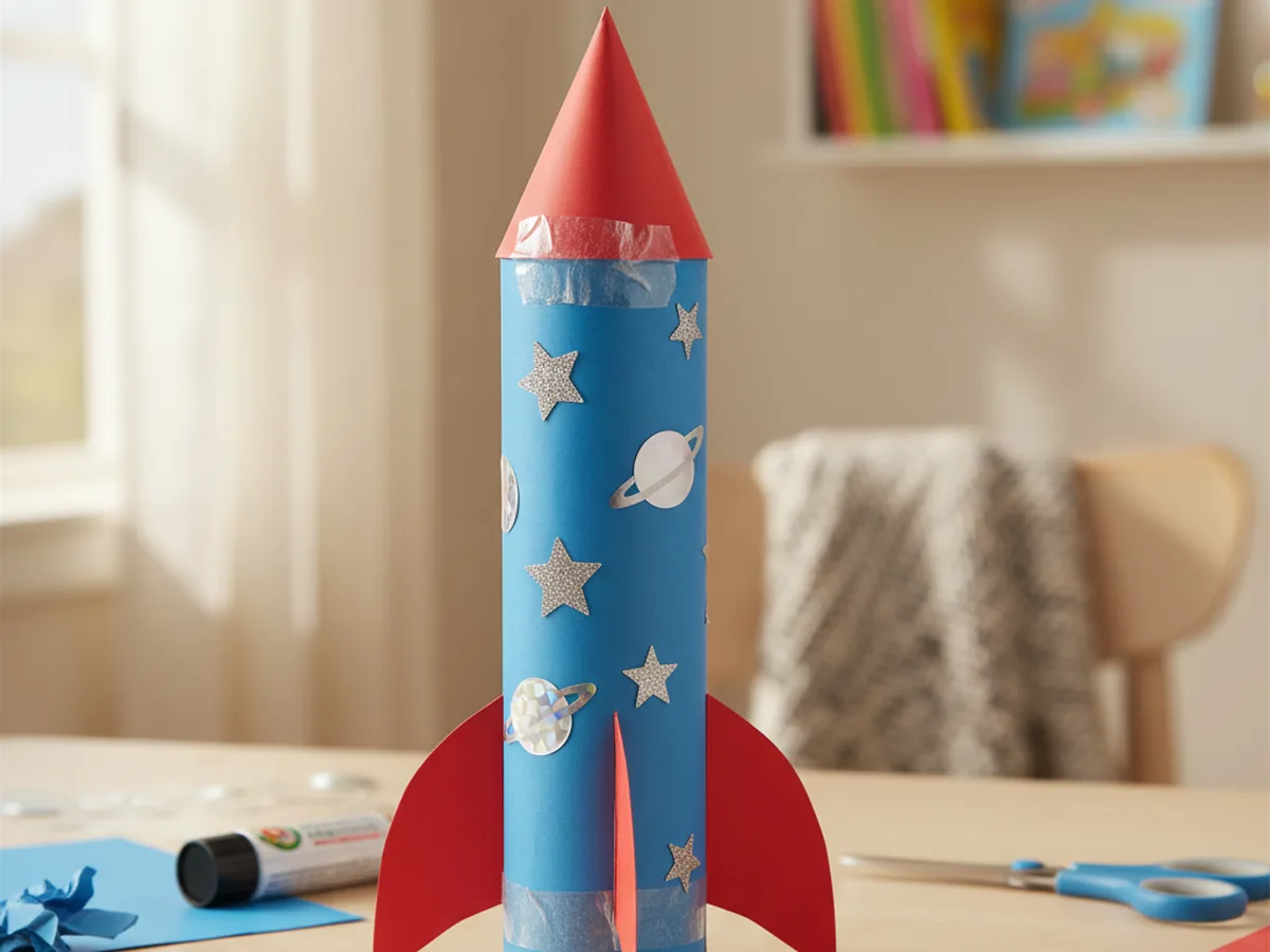 A handmade paper rocket with red fins and silver stars on a craft table