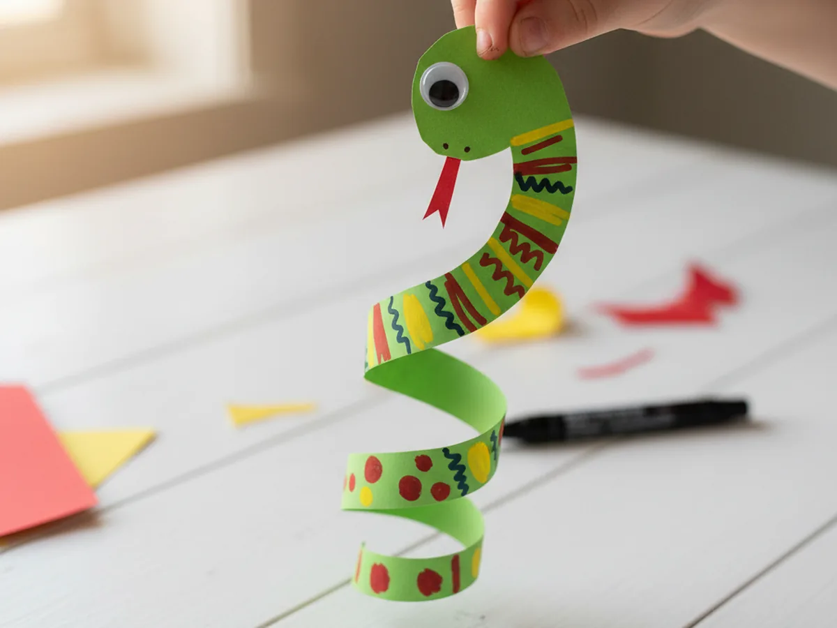 A handmade spiral paper snake with bright marker stripes hanging from a child's hand