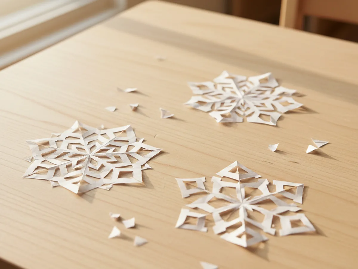 Several handmade white paper snowflakes with delicate cut patterns on a light wood surface