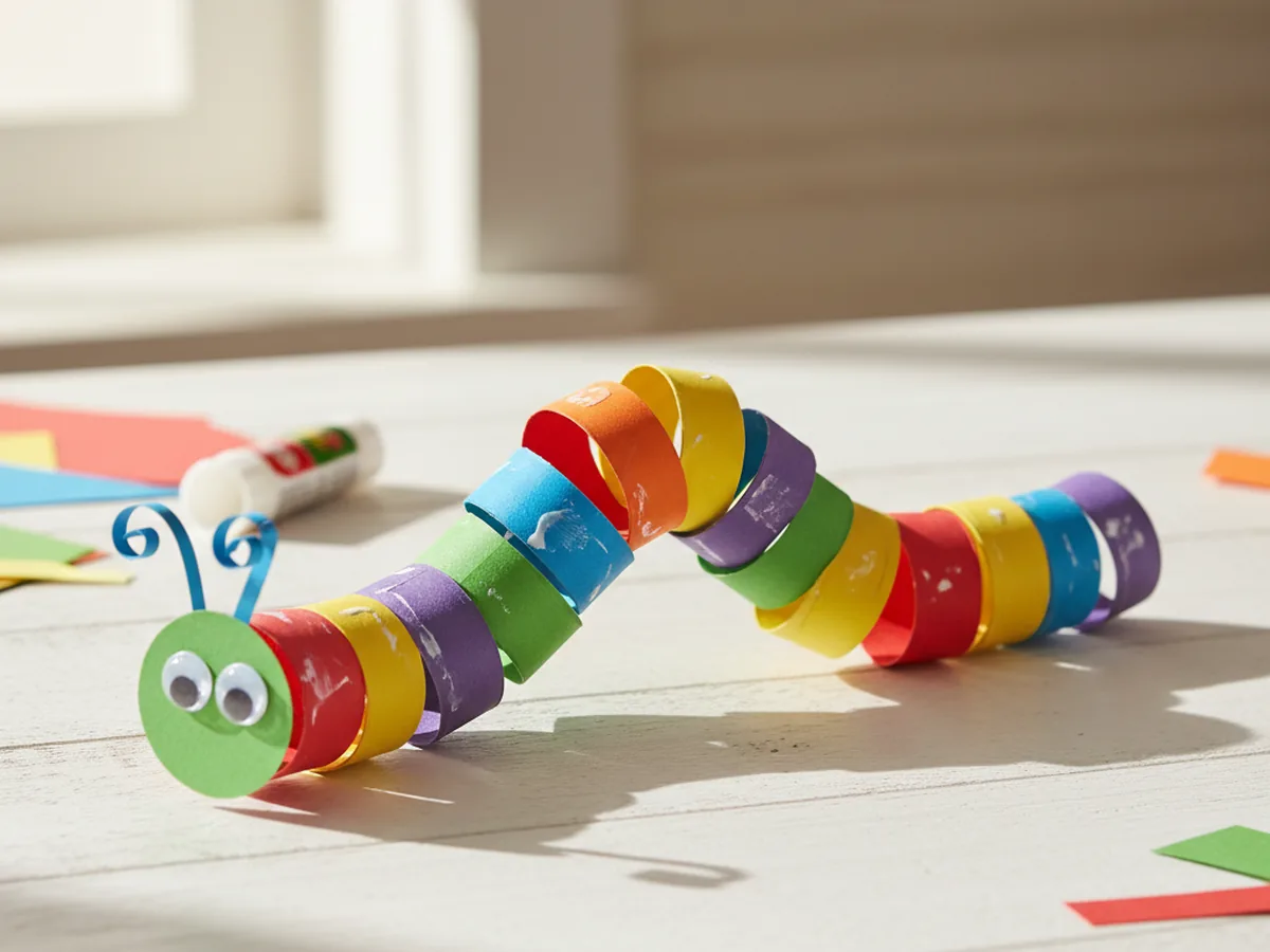A colorful paper strip caterpillar made from looped construction paper rings with googly eyes