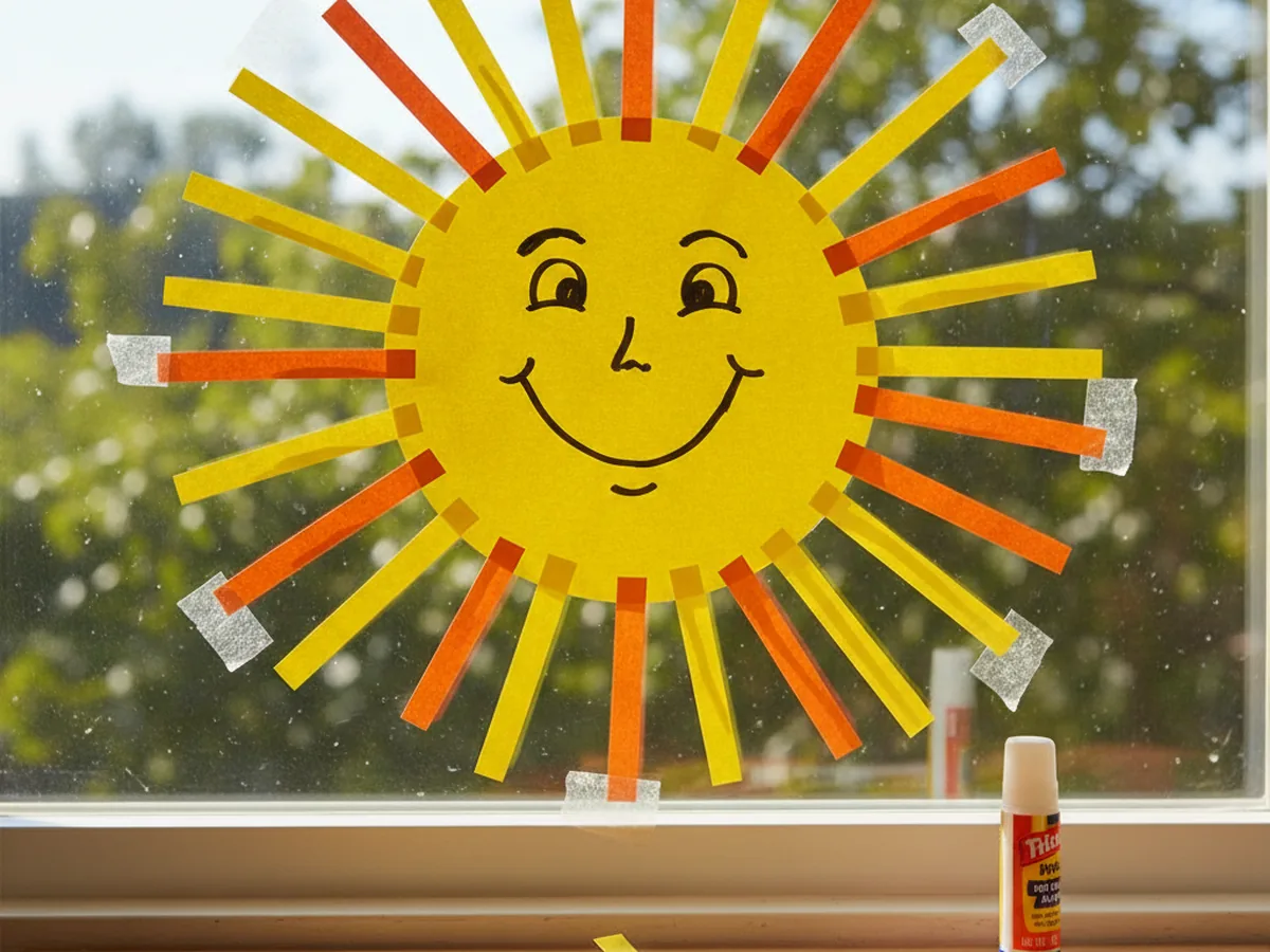 A handmade paper sun with yellow circle face and orange and yellow paper strip rays on a window