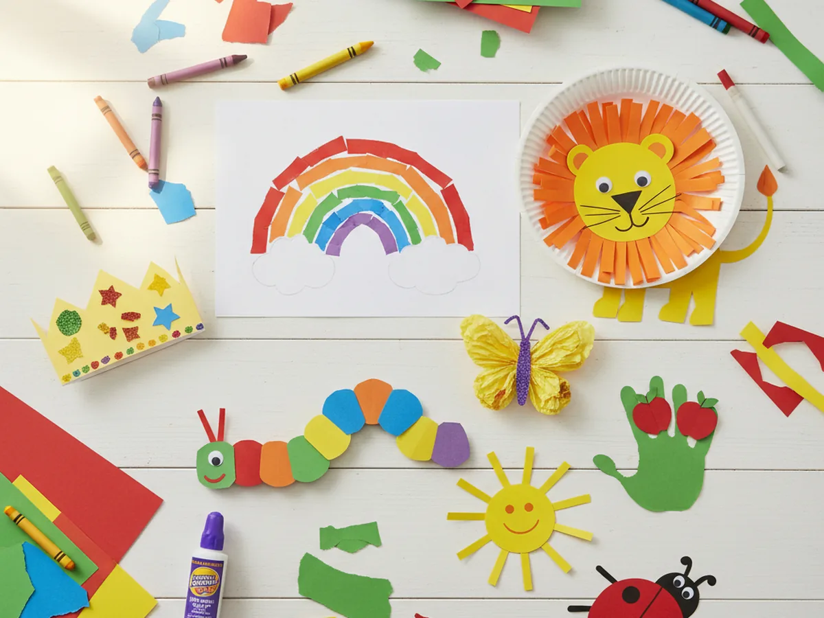 A bright spread of preschool paper crafts on a sunny craft table
