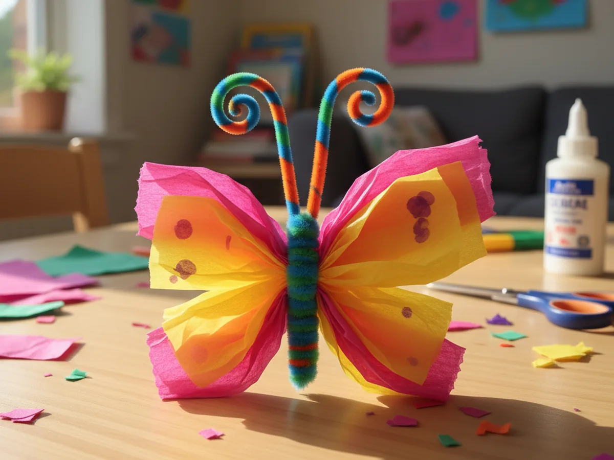A handmade tissue paper butterfly with pink and yellow wings pinched in the middle by a pipe cleaner
