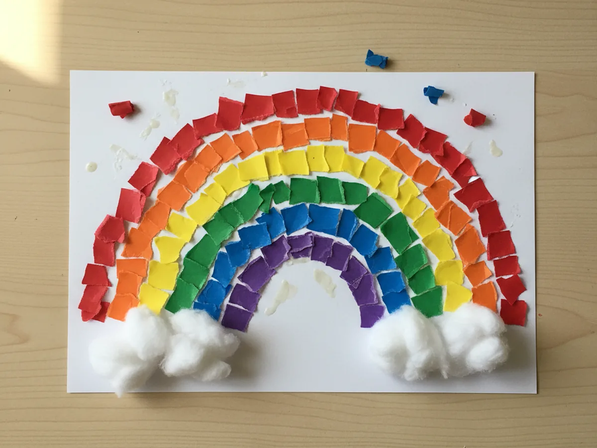 A torn paper rainbow collage made by a preschooler with bright construction paper pieces glued in arched rows