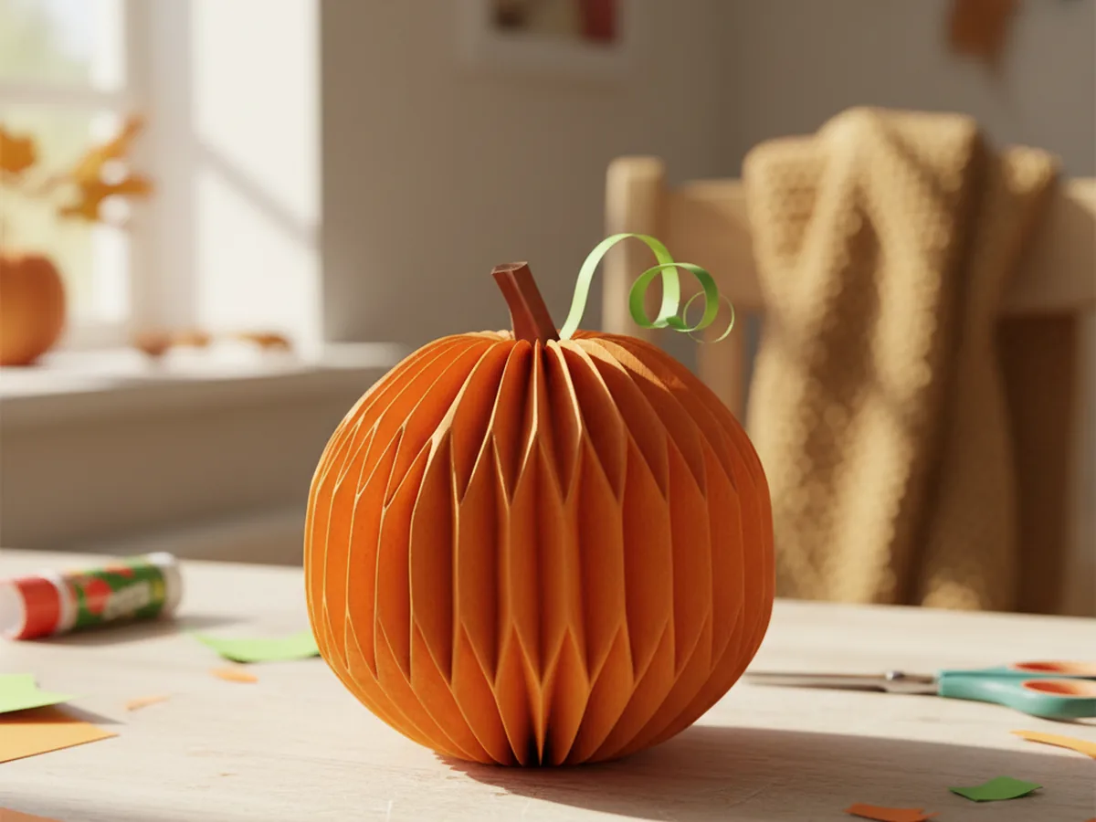 A handmade accordion-folded orange construction paper pumpkin with a fan-like rounded shape, brown stem, and curly green vine on a craft table