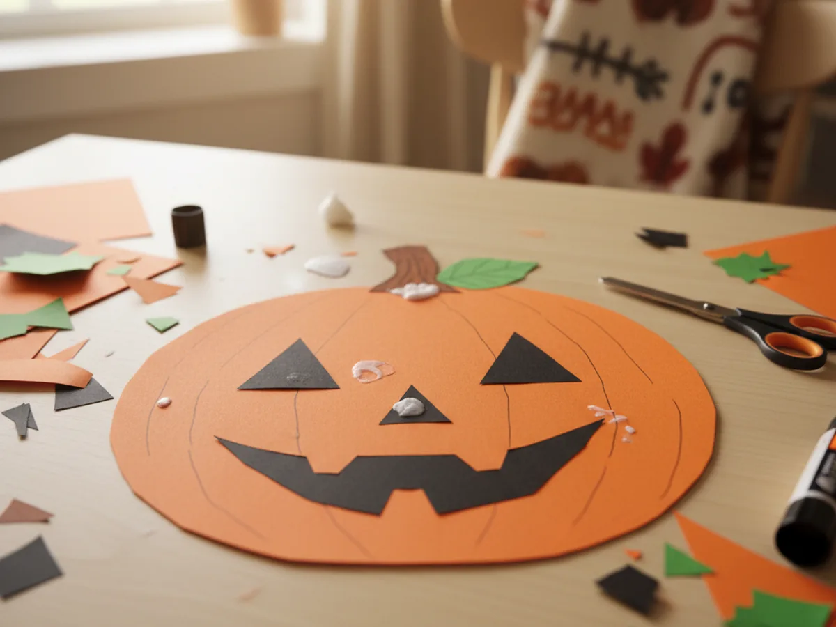 A handmade orange construction paper jack-o-lantern with black paper triangle eyes, a triangle nose, and a jagged smile glued on the front