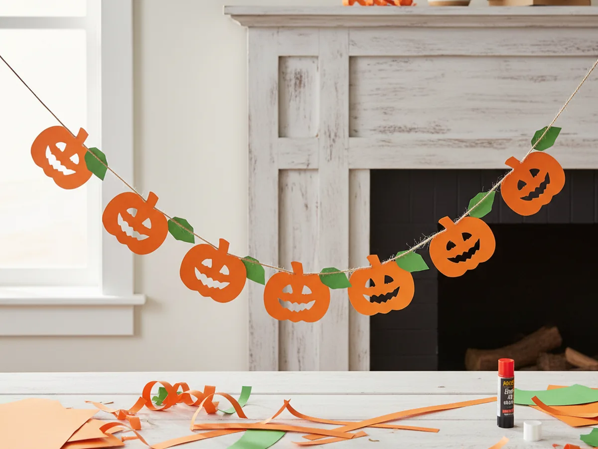 A handmade pumpkin garland made of small orange construction paper pumpkin shapes and tiny green leaves threaded on a piece of string and hung along a mantel