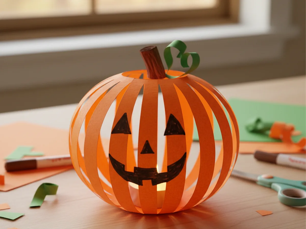 A handmade construction paper pumpkin lantern made from an orange paper cylinder with cut slits pushed outward into a rounded pumpkin shape, with a brown stem and a glowing tealight inside