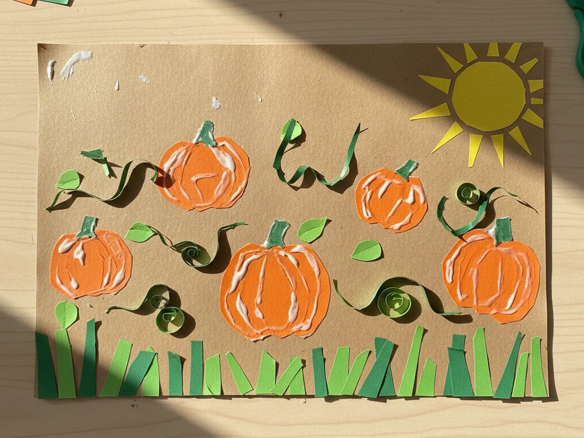 A handmade construction paper pumpkin patch scene with several orange pumpkins of different sizes, green grass strips, curling vines, and a yellow sun